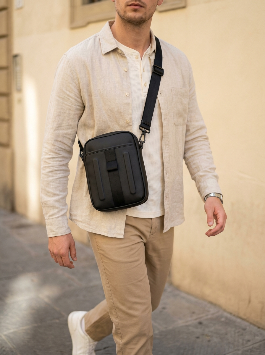 Lifestyle image with the black crossbody bag clearly visible